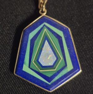 Vintage 14k Intarsia Pendant. Lapis, Malachite, Opal Pendant 80s, Handcrafted